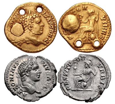 moneda romana oro imitacion india caracalla
